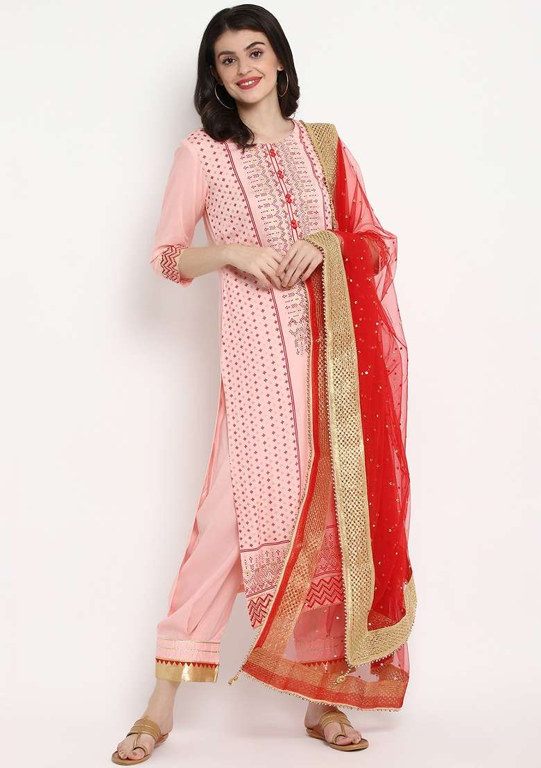 Pink Self Design Viscose Rayon Kurta Set - Indya