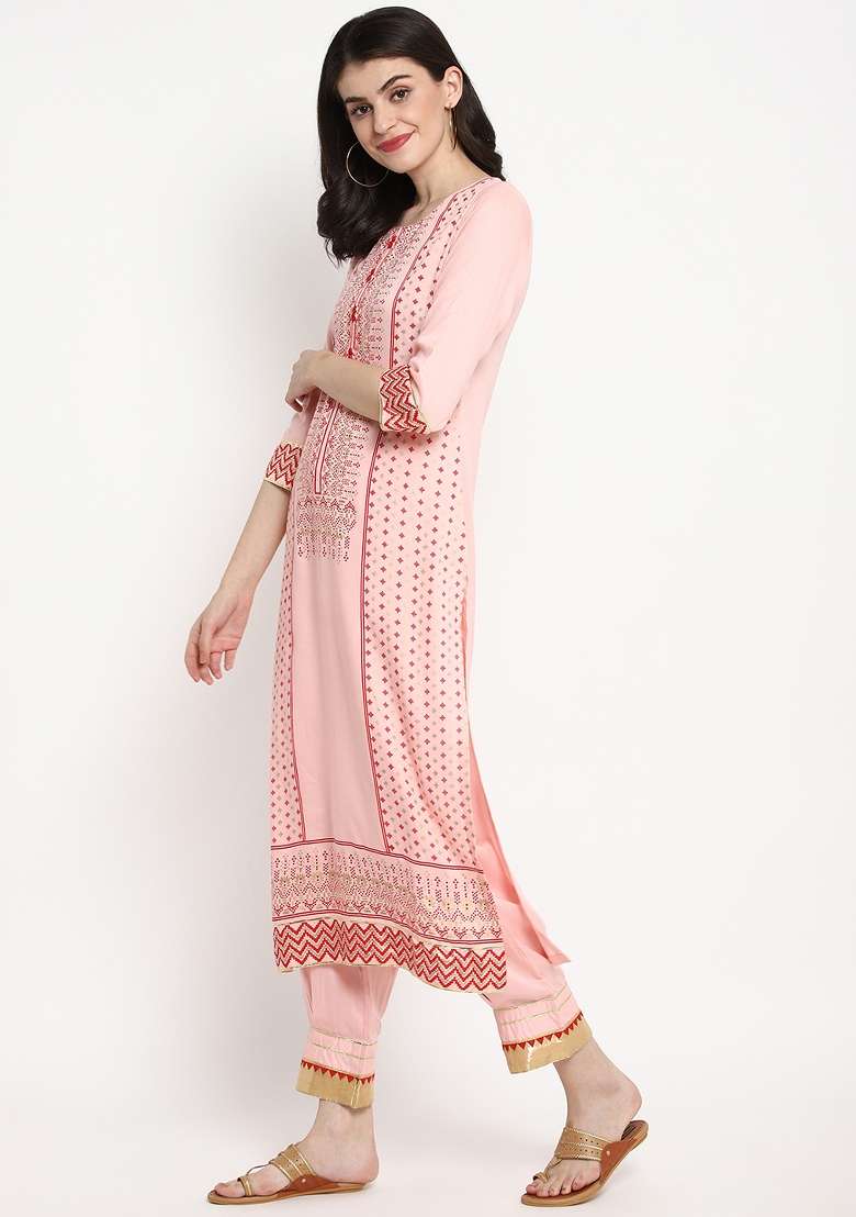 Pink Self Design Viscose Rayon Kurta Set - Indya
