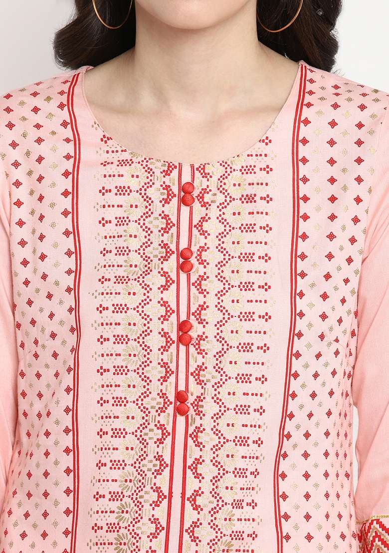Pink Self Design Viscose Rayon Kurta Set - Indya