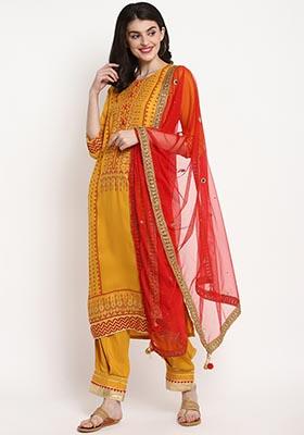 Yellow Self Design Viscose Rayon Kurta Set