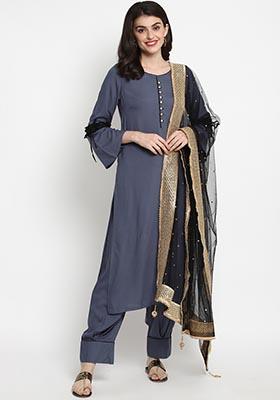 Grey Self Design Viscose Rayon Kurta Set