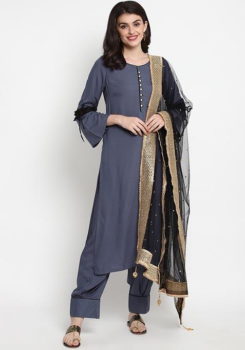 Grey Self Design Viscose Rayon Kurta Set
