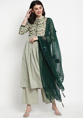 Green Self Design Cotton Kurta Set