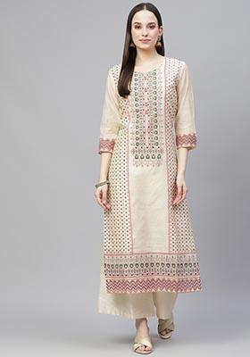 Cream Hand Block Print Art Silk Kurta Set