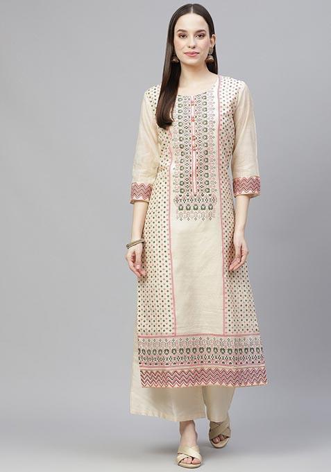 Cream Hand Block Print Art Silk Kurta Set