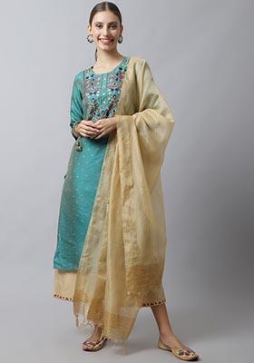 Blue Embroidered Dupion Silk Kurta Set
