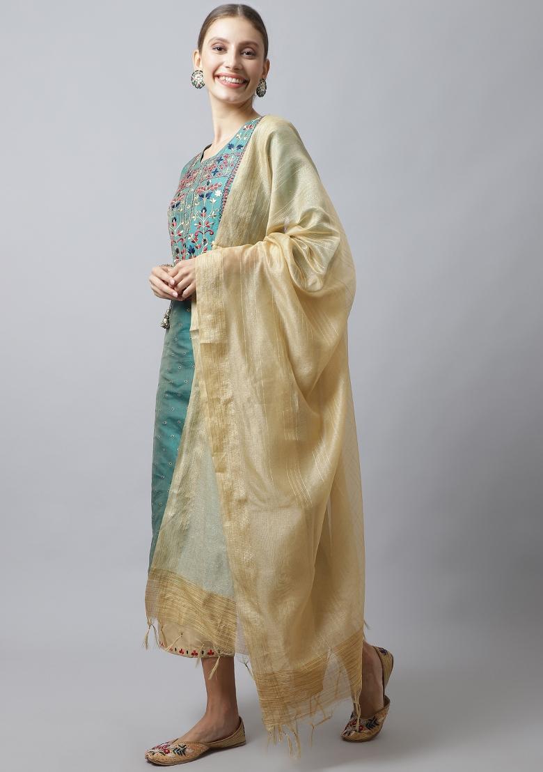 Blue Embroidered Dupion Silk Kurta Set - Indya