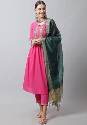 Pink Floral Print Cotton Kurta Set