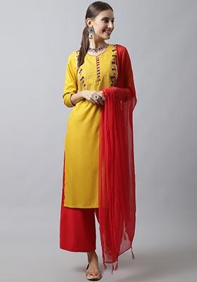 Mustard Yellow Floral Print Viscose Rayon Kurta Set
