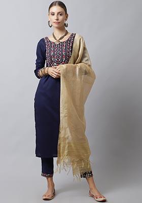 Blue Floral Print Viscose Rayon Kurta Set