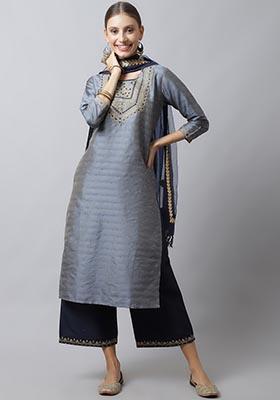 Grey Floral Print Dupion Silk Kurta Set