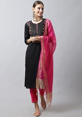 Black Embroidered Viscose Rayon Kurta Set