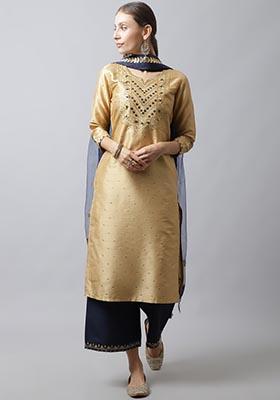 Gold Embroidered Dupion Silk Kurta Set