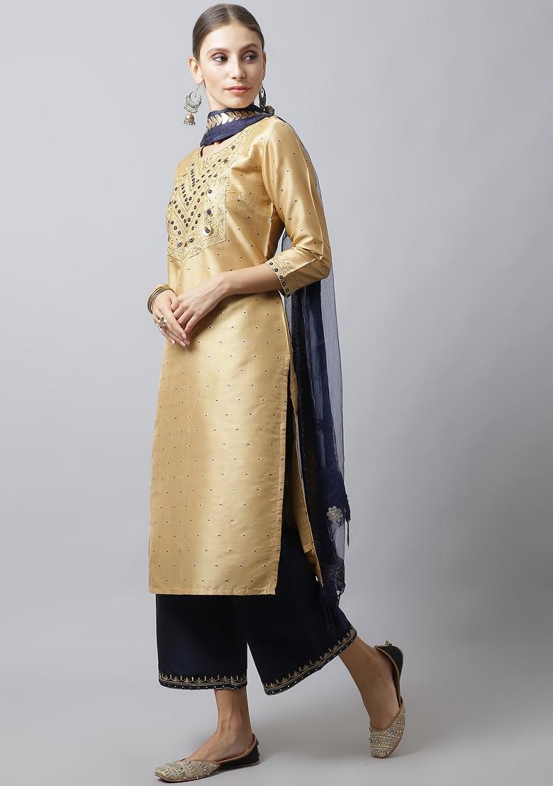 Gold Embroidered Dupion Silk Kurta Set - Indya