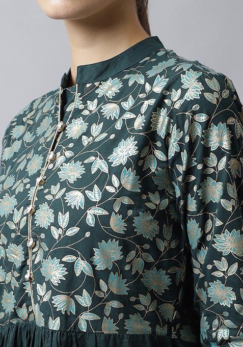 Green Floral Print Cotton Kurta Set