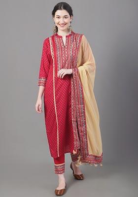 Red Printed Viscose Rayon Kurta Set