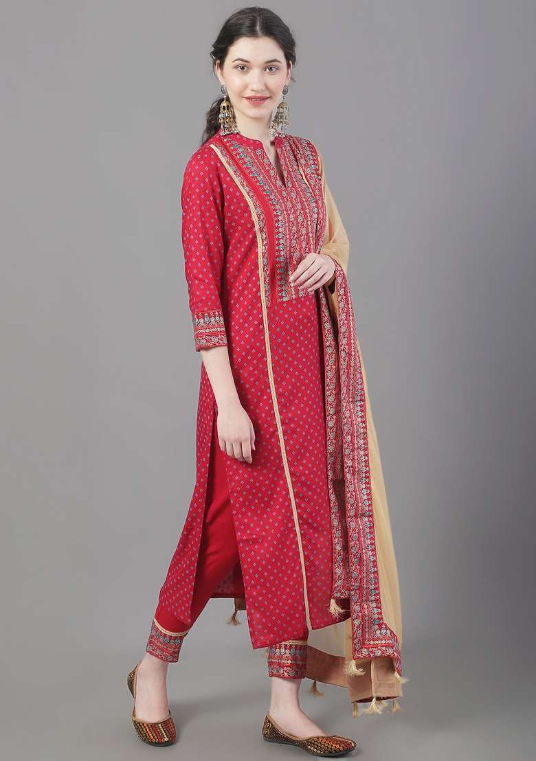 Red Printed Viscose Straight Kurta Set - Indya
