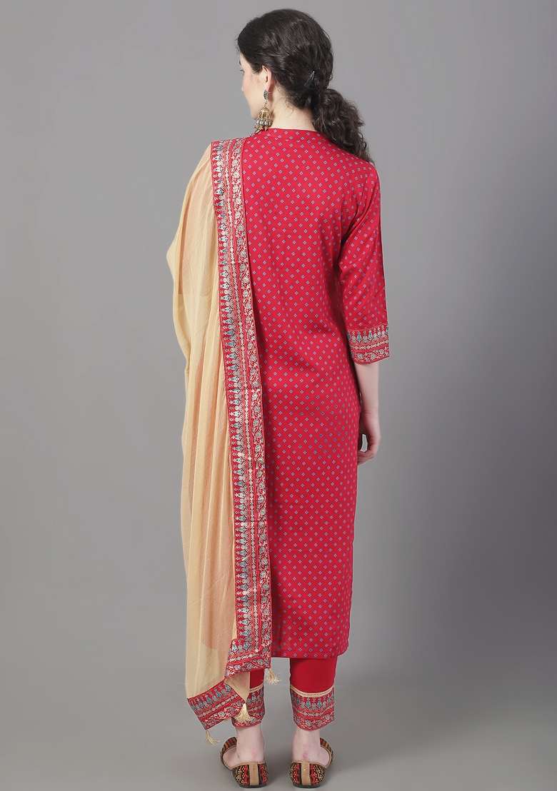 Red Printed Viscose Straight Kurta Set - Indya