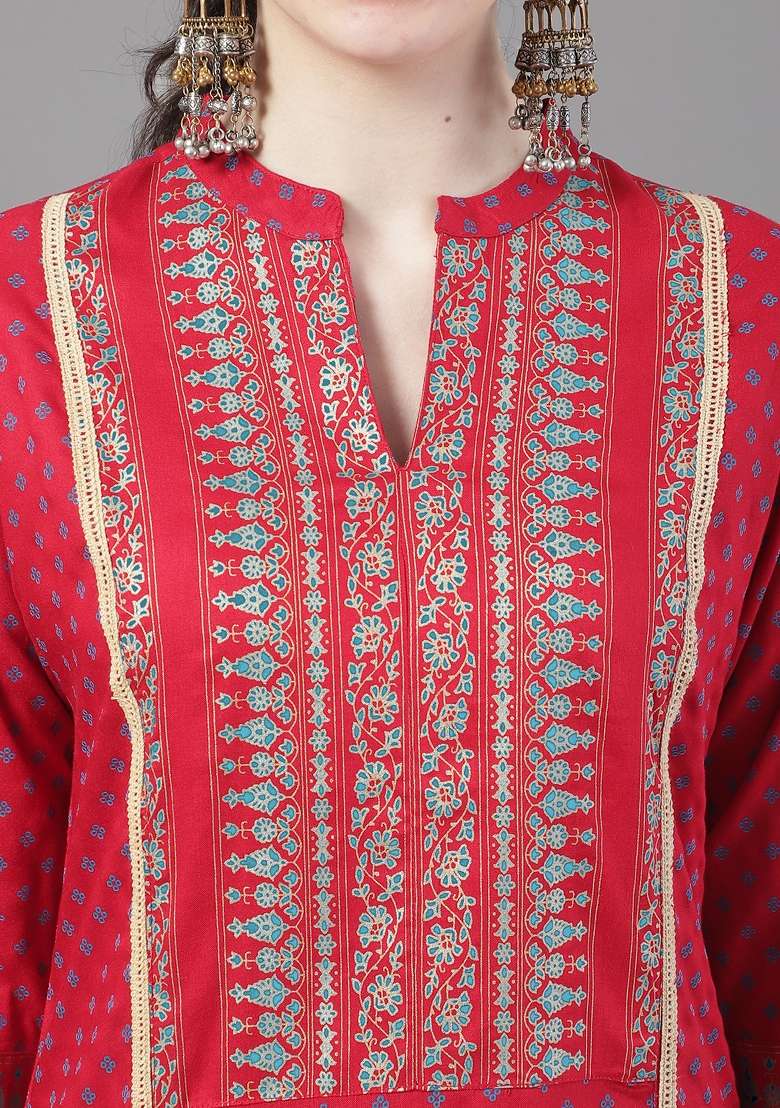 Red Printed Viscose Straight Kurta Set - Indya
