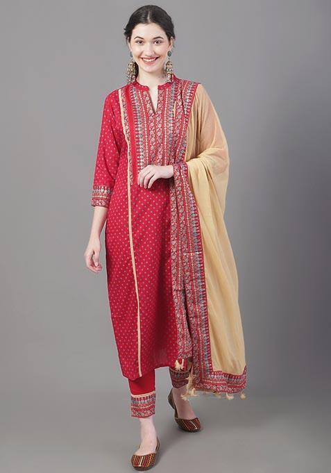 Red Printed Viscose Rayon Kurta Set