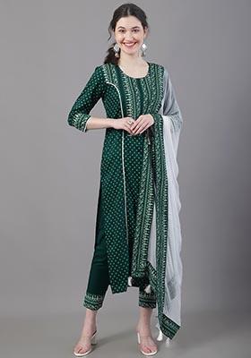 Green Printed Viscose Rayon Kurta Set
