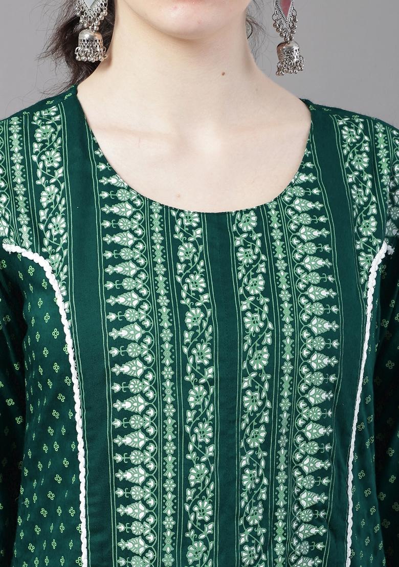 Green Printed Viscose Rayon Kurta Set - Indya