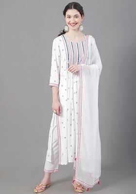 White Embroidered Viscose Rayon Kurta Set