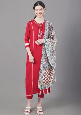 Red Printed Viscose Rayon Kurta Set
