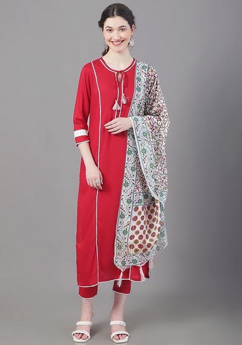 Red Printed Viscose Rayon Kurta Set