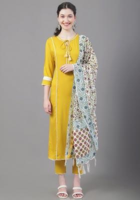 Mustard Yellow Printed Viscose Rayon Kurta Set