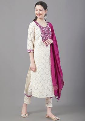 Beige Embroidered Cotton Kurta Set