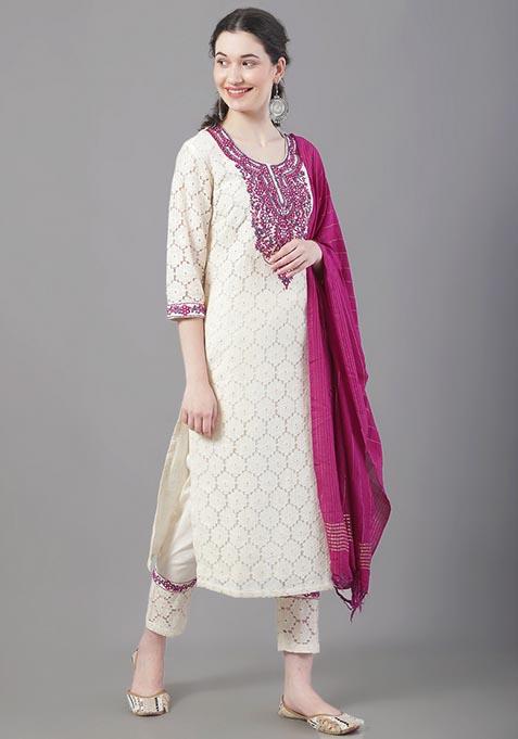 Beige Embroidered Cotton Kurta Set
