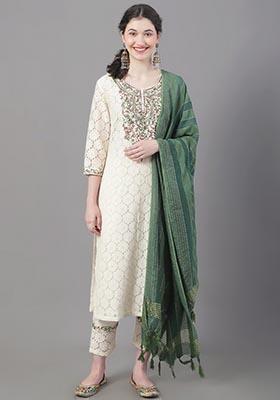 Beige Embroidered Cotton Kurta Set