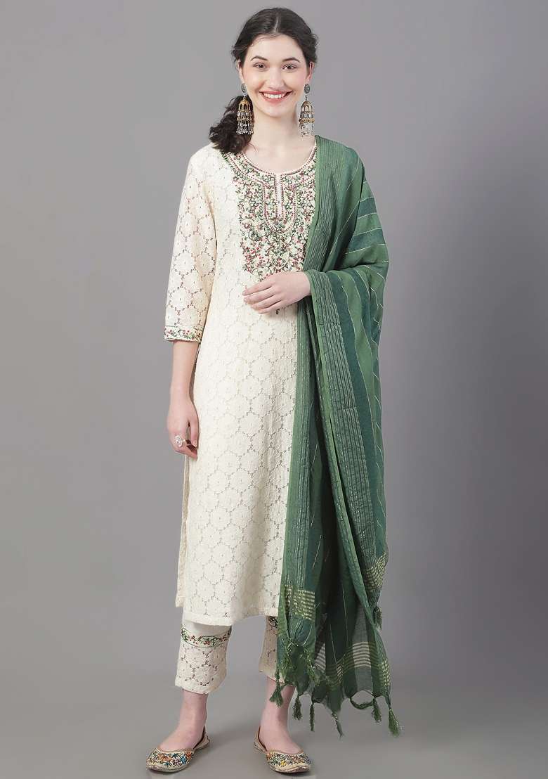 Beige Embroidered Cotton Straight Kurta Set - Indya
