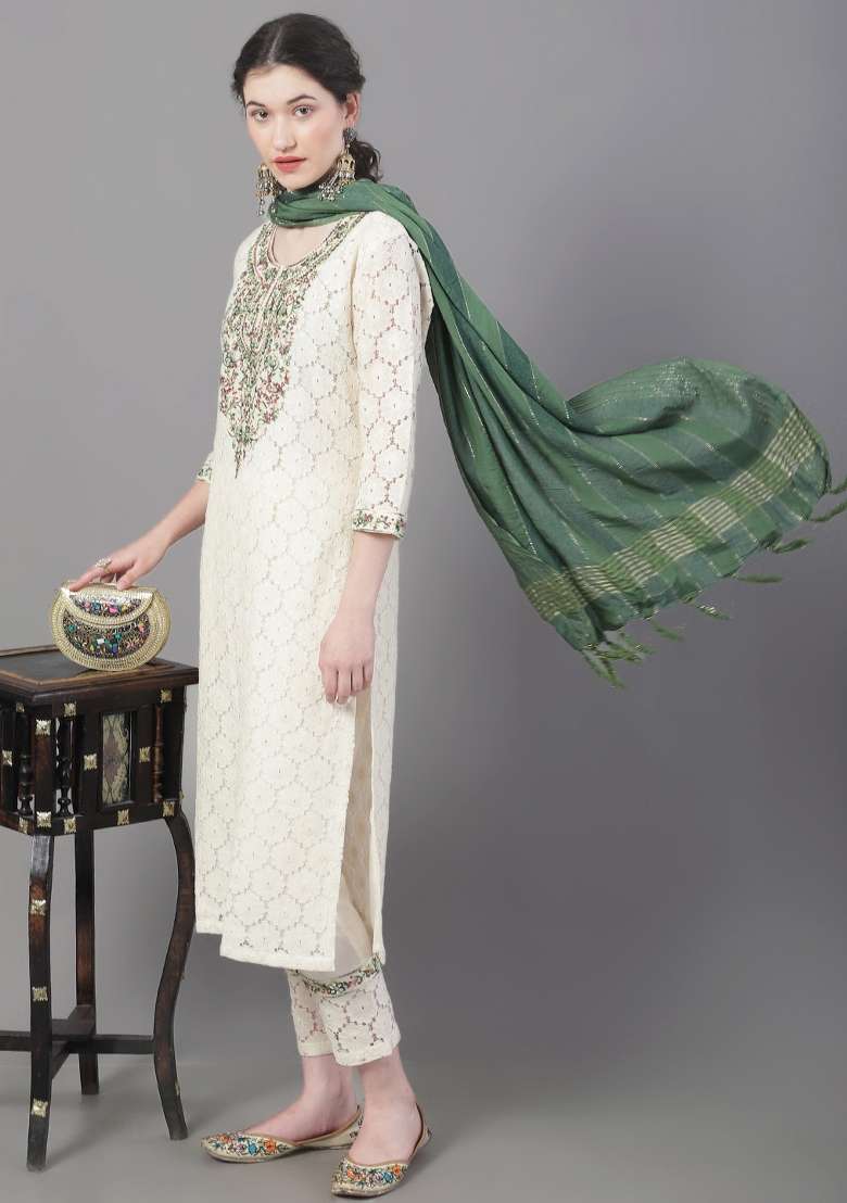 Beige Embroidered Cotton Straight Kurta Set - Indya