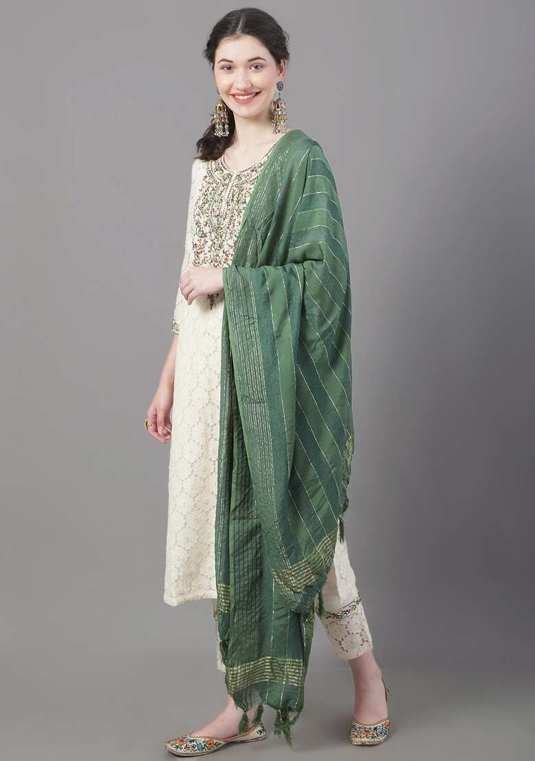 Beige Embroidered Cotton Straight Kurta Set - Indya