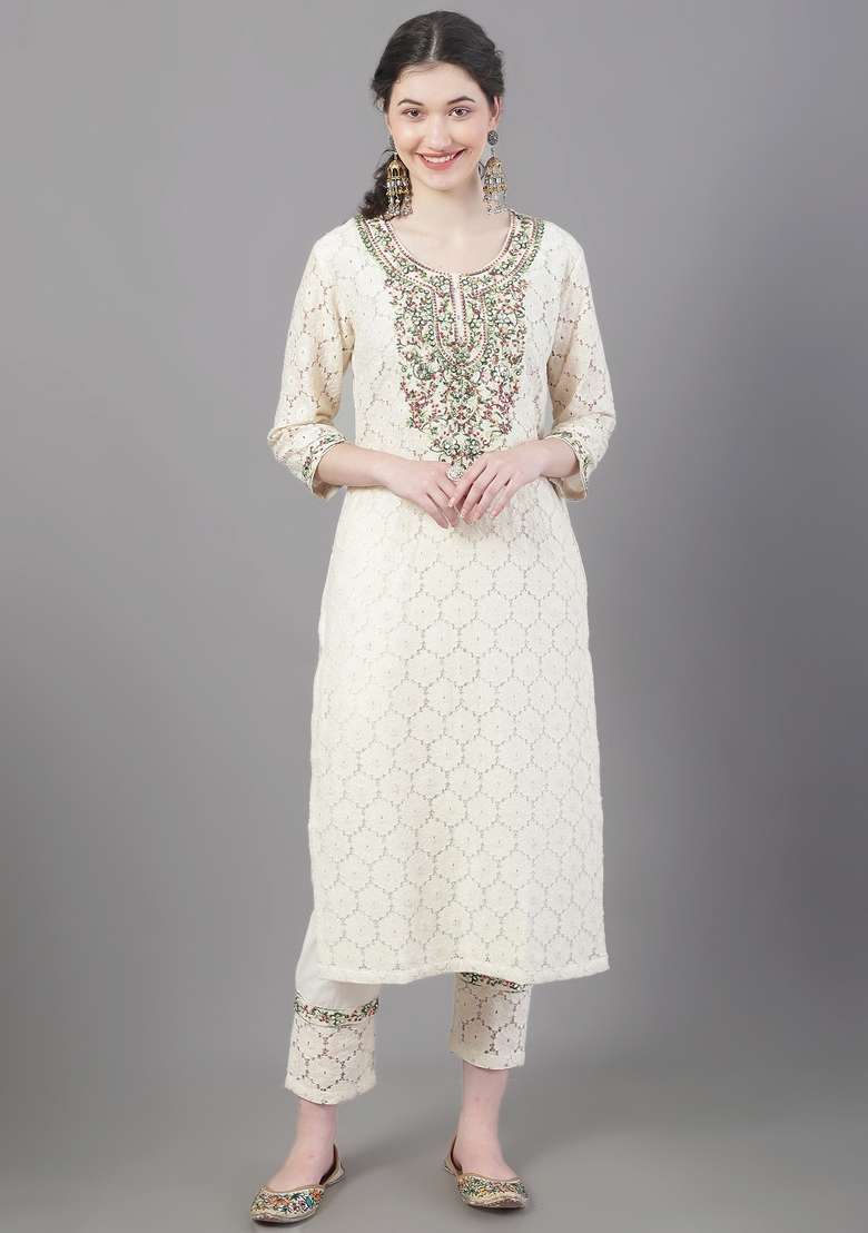 Beige Embroidered Cotton Straight Kurta Set - Indya
