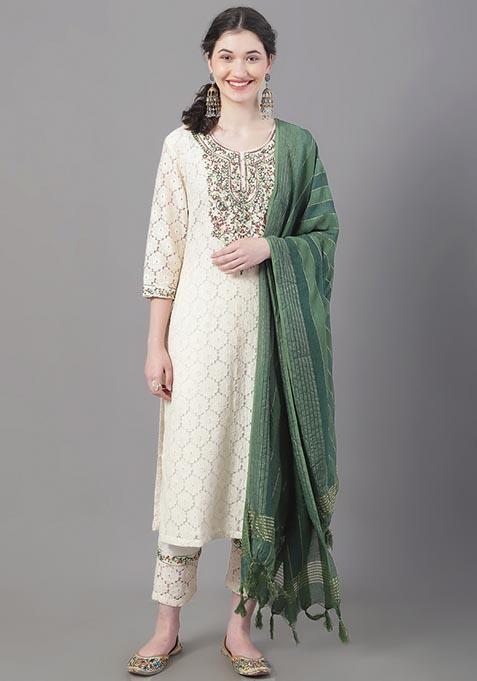 Beige Embroidered Cotton Kurta Set