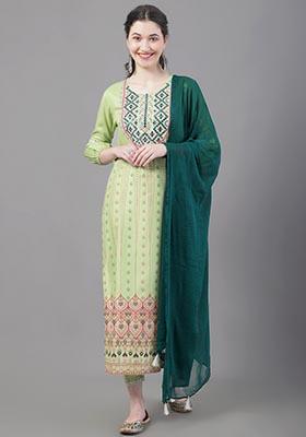 Green Embroidered Viscose Rayon Kurta Set