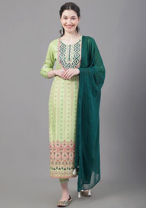 Green Embroidered Viscose Rayon Kurta Set