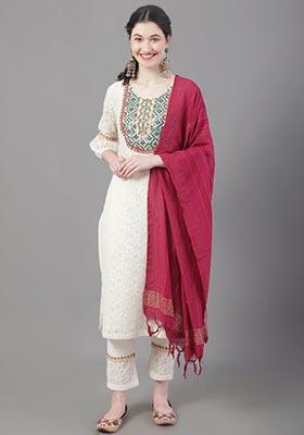 Beige Embroidered Cotton Kurta Set
