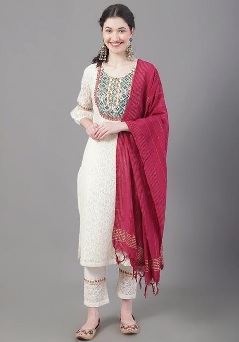 Beige Embroidered Cotton Kurta Set