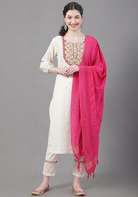 Beige Embroidered Cotton Kurta Set