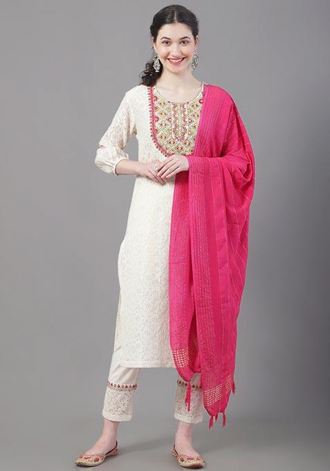 Beige Embroidered Cotton Kurta Set