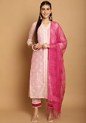 Pink Embroidered Chanderi Kurta Set