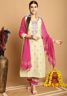Green Embroidered Chanderi Kurta Set