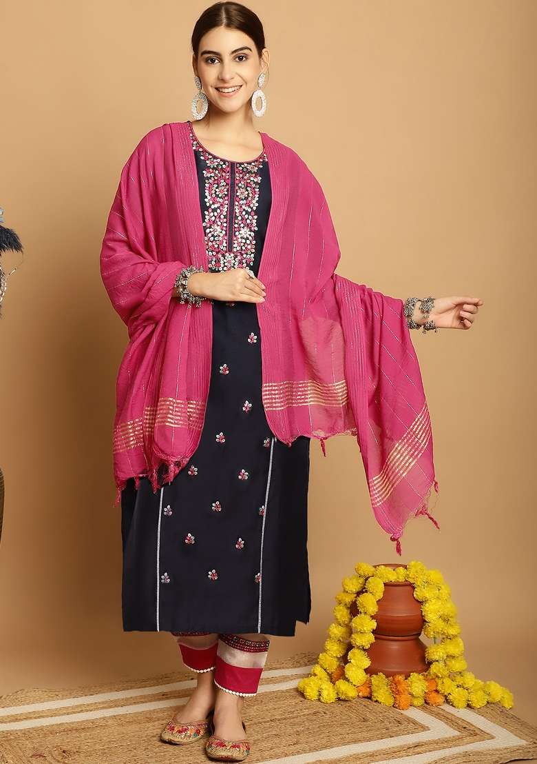 Navy Blue Embroidered Chanderi Straight Kurta Set - Indya