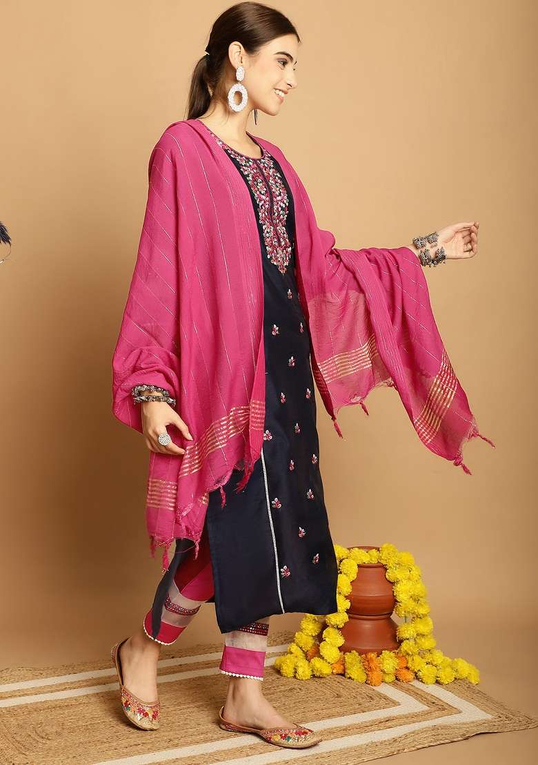 Navy Blue Embroidered Chanderi Straight Kurta Set - Indya