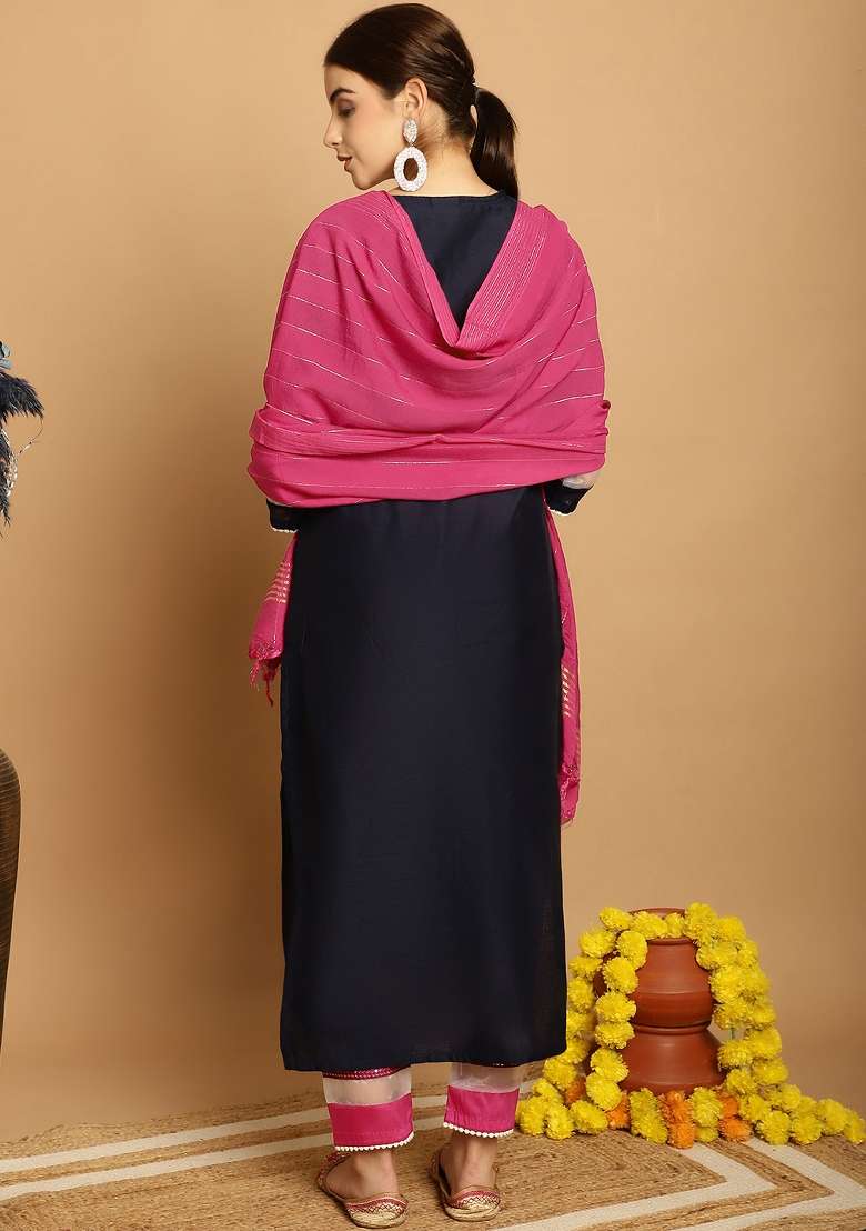 Navy Blue Embroidered Chanderi Straight Kurta Set - Indya