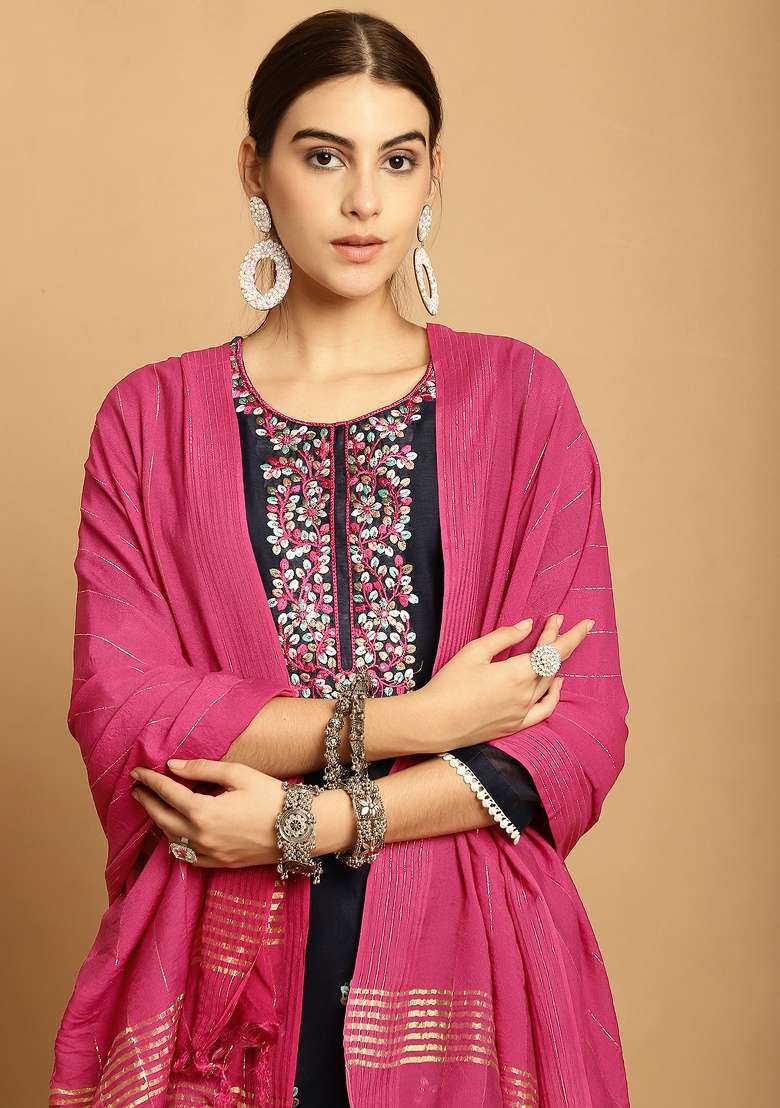 Navy Blue Embroidered Chanderi Straight Kurta Set - Indya